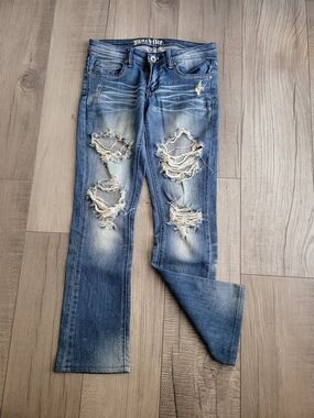 Machine Distressed Blue Boot Cut Jeans